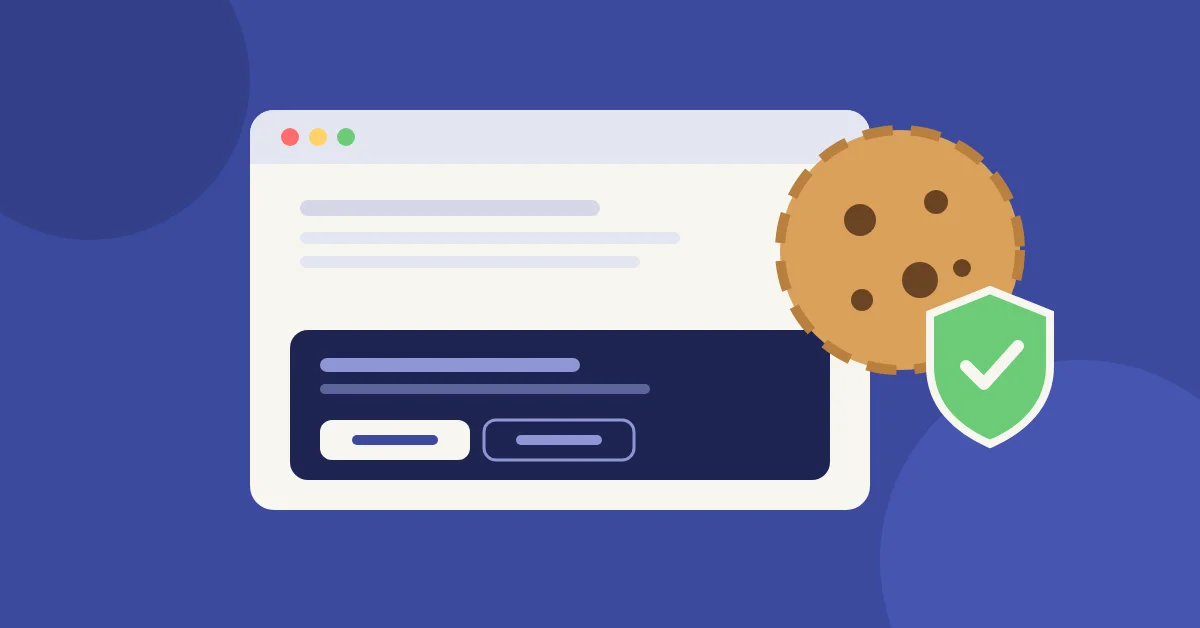 Ilustración: banner de cookies en una web con escudo de consentimiento