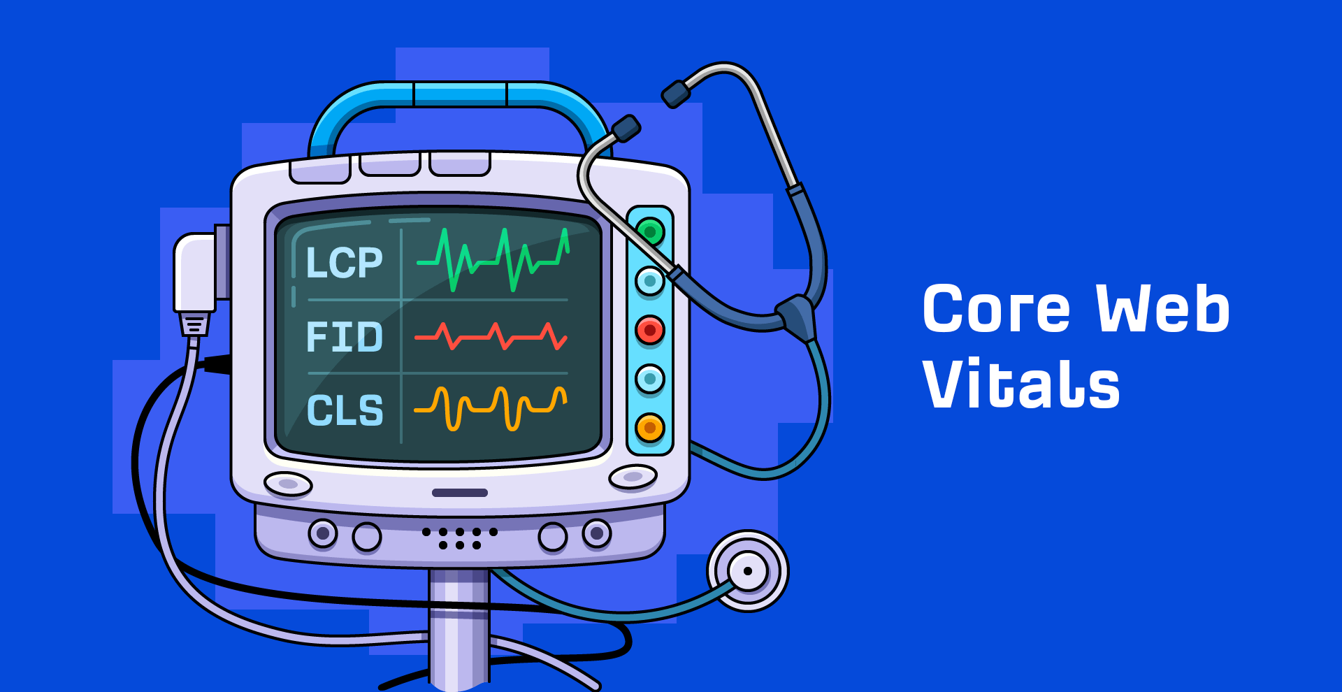 WordPress Core Web Vitals report showing LCP, INP and CLS diagnostics on a laptop